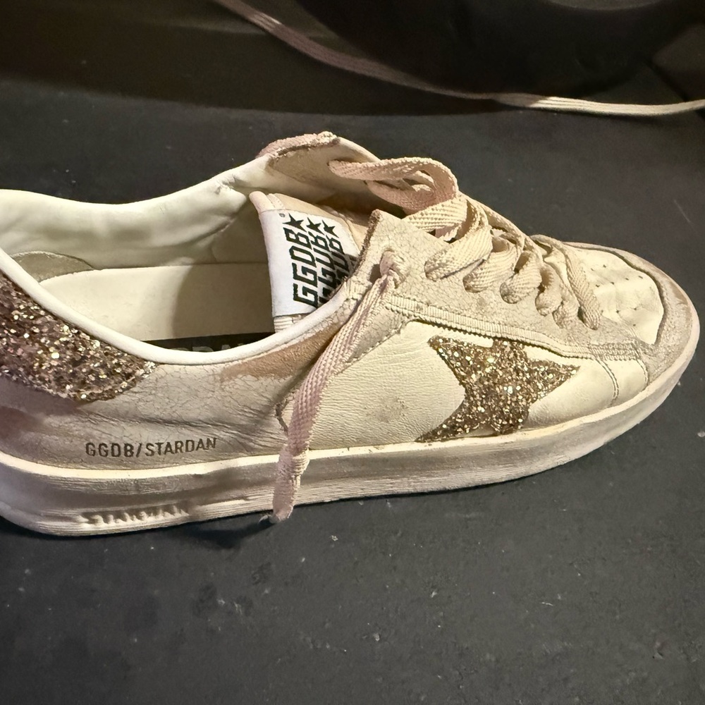 Golden Goose Cream Low-Top Sneakers with Gold Glitter Star